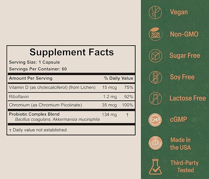 Akkermansia Probiotic for Healthy Weight | Naturally Increases GLP-1 | 120 Day Supply | Contains Bacillus Coagulans, Vitamins B2, D3 & Chromium | SIBO Friendly, Vegan & Gluten Free