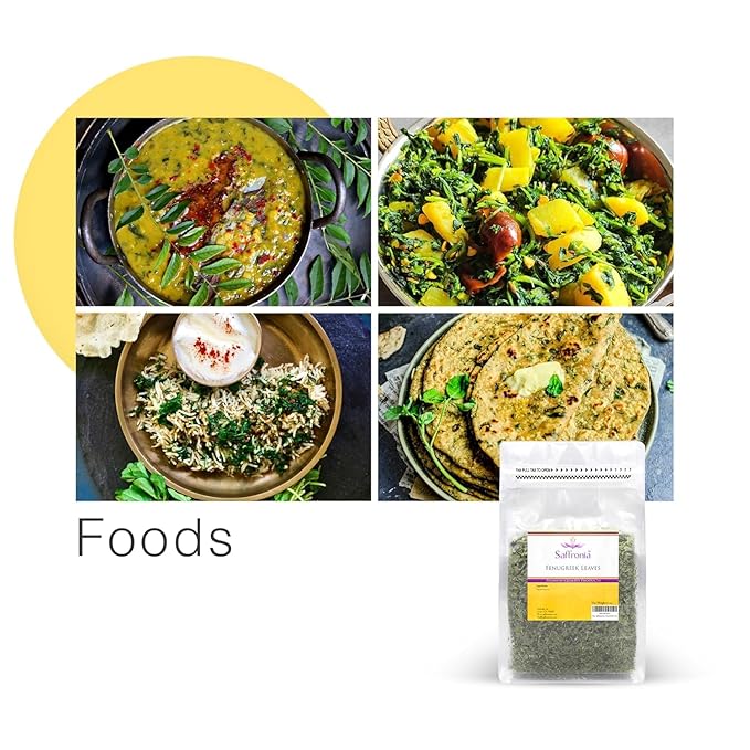 Saffronia Dried Fenugreek Leaves, Vegan Friendly Kasoori Methi, Carefully Packaged In Resealable Bag, Ideal for Mexican, Indian, Mediterranean and Asian Cuisine - 6 Oz (170 g)