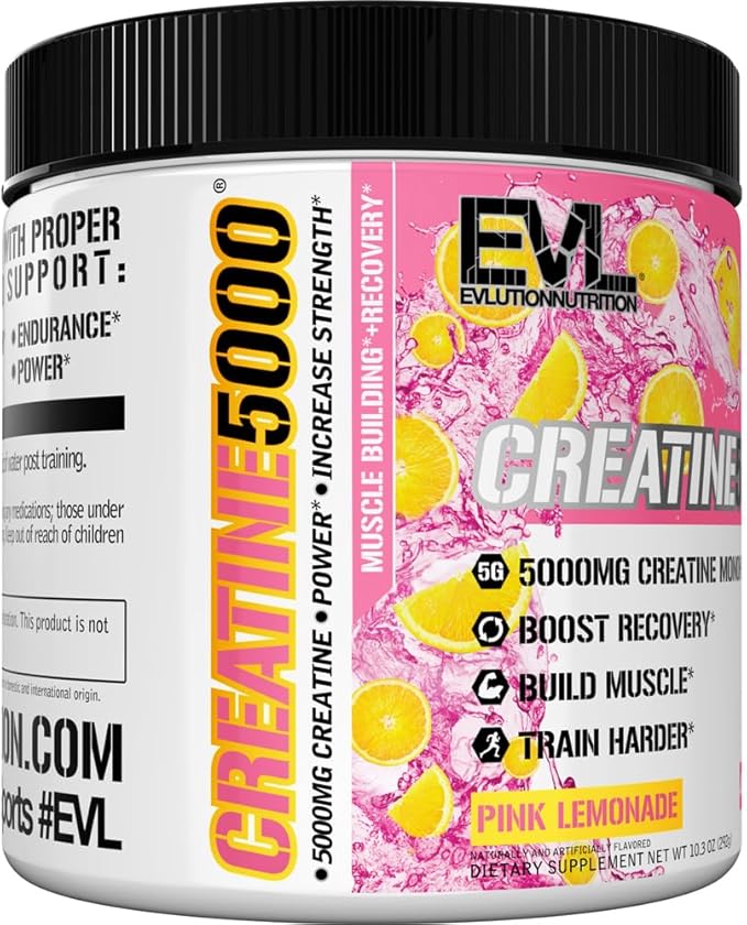 Evlution Nutrition Creatine 5000 - Supports Faster Recovery, Lean Muscle Growth & Performance - Pre & Post Workout Powder - 5000mg Pure Creatine Monohydrate Per Serving - 40 Servings - Pink Lemonade