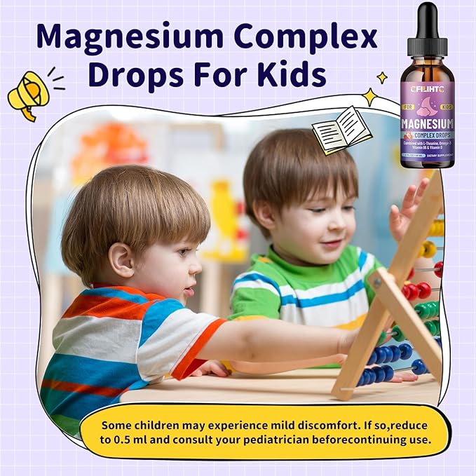 Kids Magnesium Liquid Drops-Magnesium Glycinate Liquid for Kids Supplement-w/L-theanine, Omega-3, Vitamin B6, D3 - for Sleep, Relaxation, Brain, Bones - 4 Fl Oz Children's Calm