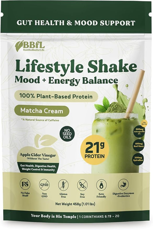 Meal Replacement Shakes, 21g Protein, Vegan Plant Based Protein Powder, Apple Cider Vinegar, Digestive Enzymes, All in One Shake for Women & Men (15 Servings, Matcha Cream)