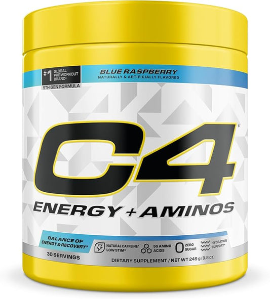 Cellucor C4 Energy + Aminos Powder | 5g BCAAs & EAAs for Muscle Recovery, 3 Electrolytes for Hydration, 100mg Natural Caffeine | Pre Workout | Zero Sugar, 30 Servings, Blue Raspberry