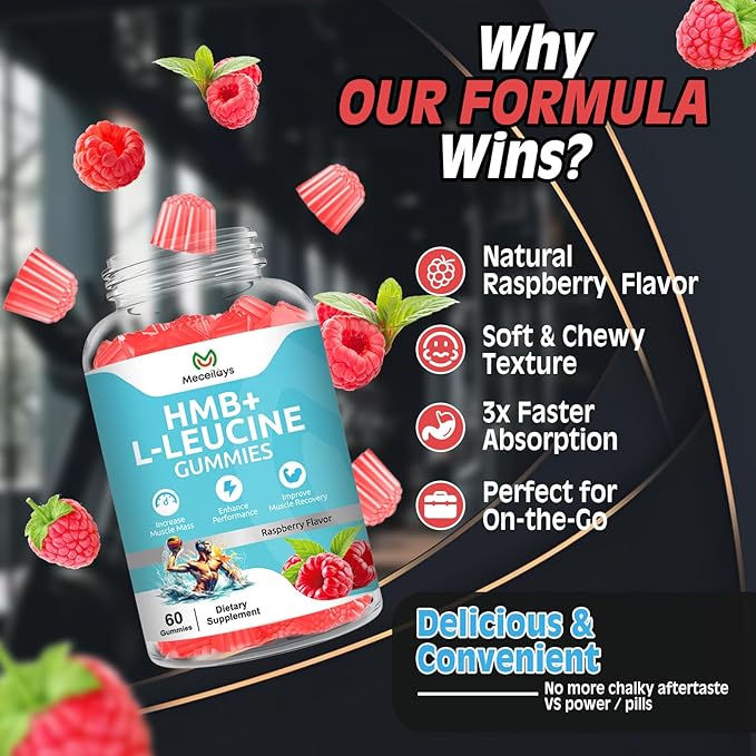 2 Pack HMB & L-Leucine Gummies 4000mg (120 Count) - Sugar Free, Vegan, Non-GMO, Gluten Free - Supports Muscle Growth, Recovery & Endurance for Men, Women & Elder - Raspberry Flavor