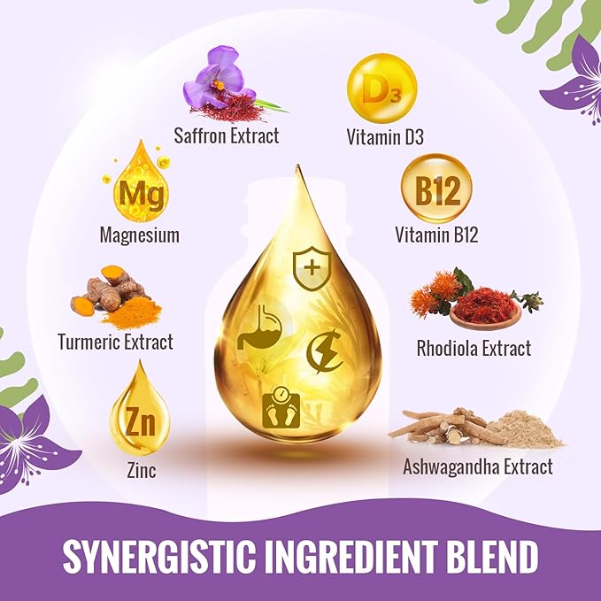 Saffron Supplements - 88.5 mg Saffron Extract Better Bioavailability Liposomal Drops for Mood, Energy, Vision & Focus with Ashwagandha, Turmeric, Magnesium, Zinc, Vitamin B12 & D3, 60 ml, 30 Servings