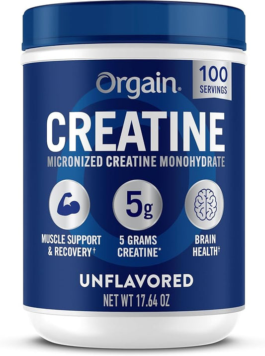 Orgain Creatine Monohydrate Micronized Powder, Unflavored, Supports Muscle Growth, Post Workout Recovery and Brain Health, No Artifical Additives, Non-GMO, 100 Servings, 17.64 Oz