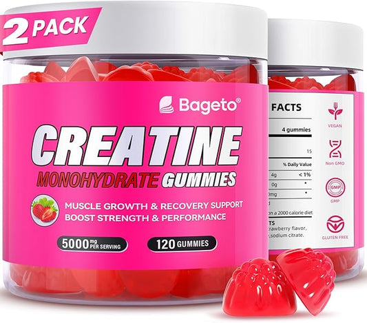Creatine Monohydrate Gummies 5000mg for Men & Women, Gomitas de Creatina 5g Creatine Monohydrate,0g Sugar Chewables Creatine Pre-Workout for Muscle Strength, Vegan (Strawberry 2)