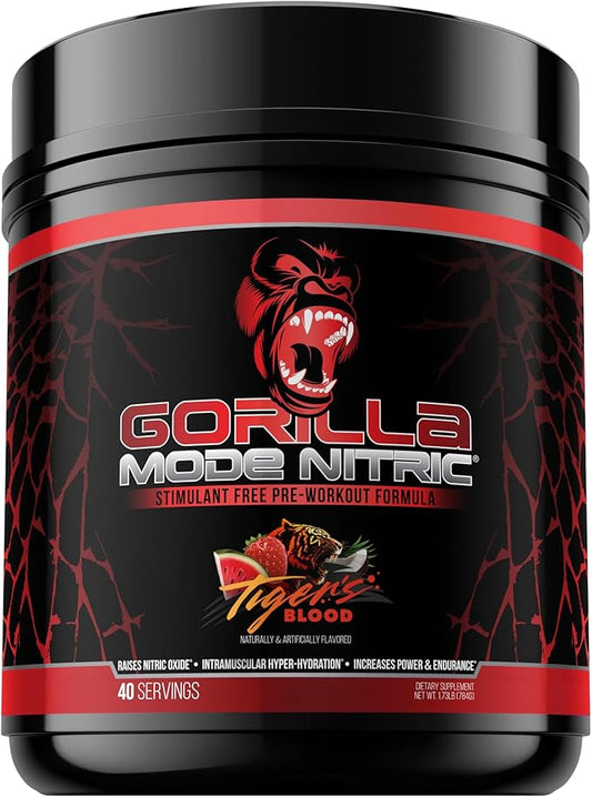 Gorilla Mode Nitric Upgraded Stimulant Free Pre-Workout – Best Tasting and Most Effective Stimulant Free Pre-Workout/Massive Pumps · Vasodilation · Power / 784 Grams (Tigers Blood)