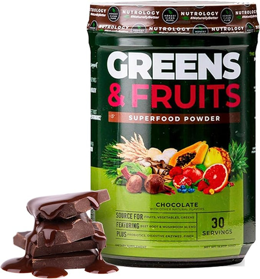 Nutrology Greens & Fruits Powder-Naturally Sourced Fruits, Vegetables, Beet Powder & Mushroom Blend, Probiotics, Digestive Enzymes, Fiber, Antioxidants, Immune Support, Gluten Free - Chocolate