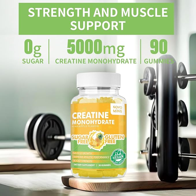 Creatine Monohydrate Gummies for Men & Women, Chewables Creatine Monohydrate for Muscle Strength, Muscle Builder, Energy Boost, Pre-Workout Supplement(90 Count)-Pineapple Flavor.
