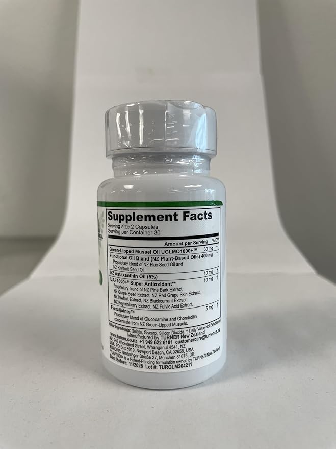 TURNER New Zealand Green Lipped Mussel Oil, Four Essential Omega-3s for Joint Comfort & Mobility Plus UAF1000+ Super Antioxidant, Astaxanthin, 53 X More Effective, 6 Bottles, 360 Softgels
