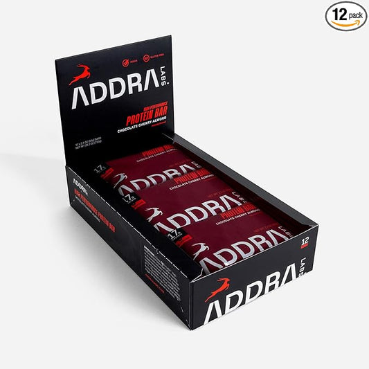 ADDRA Protein Bars - Vegan, Gluten-Free, High-Protein Muscle Recovery Bar for Runners, 17g Protein + 1.5g BCAA Leucine, Low Sugar, Plant-Based Chocolate Cherry Almond Flavor, 12-Pack