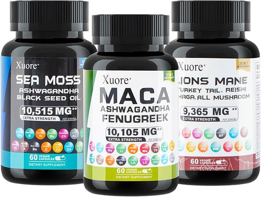 Bundle of Sea Moss,Maca,Lions Mane, Black Seed Oil, Ashwagandha, Ginger & Rhodiola Rosea, Panax Ginseng, Turkey Tail, Reishi, Cordyceps, Chaga All in 1 Supplements (1 Pack)
