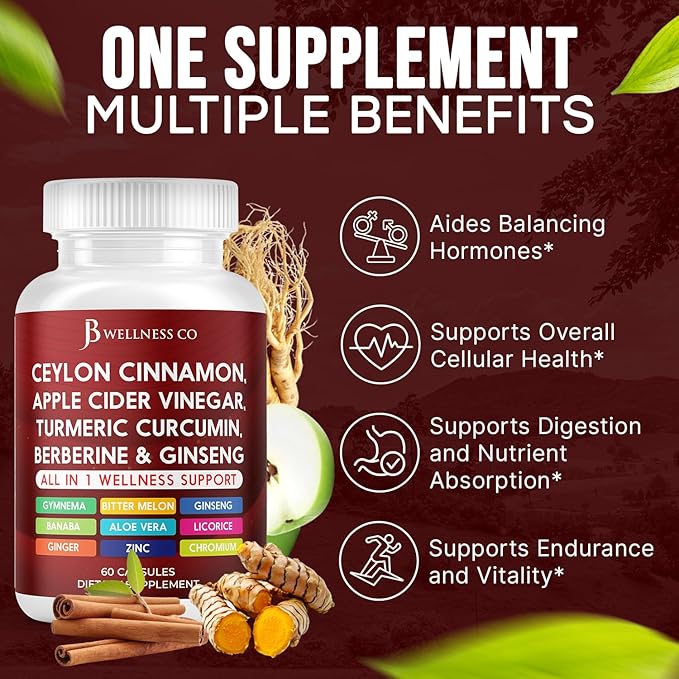 Ceylon Cinnamon, Turmeric, ACV, Ginseng, Aloe Vera, Berberine Plus Banaba, Ginger Root - 60 Capsules