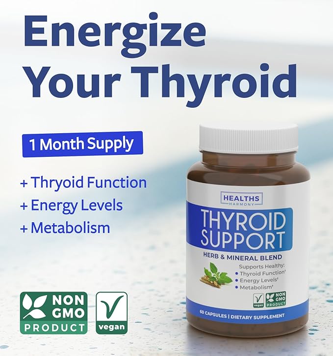 Thyroid Support with Iodine (Non-GMO) Improve Your Energy & Mood - Metabolism Booster Thyroid Health Supplement for Women and for Men - Ashwagandha, Zinc, B12 Complex - 60 Capsules