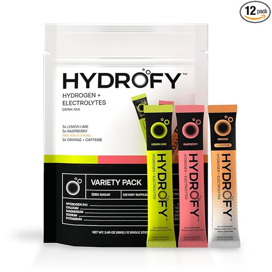 Hydrofy Hydrogen Water + Electrolytes Drink Mix - Variety Pack | Hydration Packets with Molecular Hydrogen (H2), Sodium, Potassium, Magnesium | Lemon Lime, Raspberry, Orange + Caffeine | 12 Count