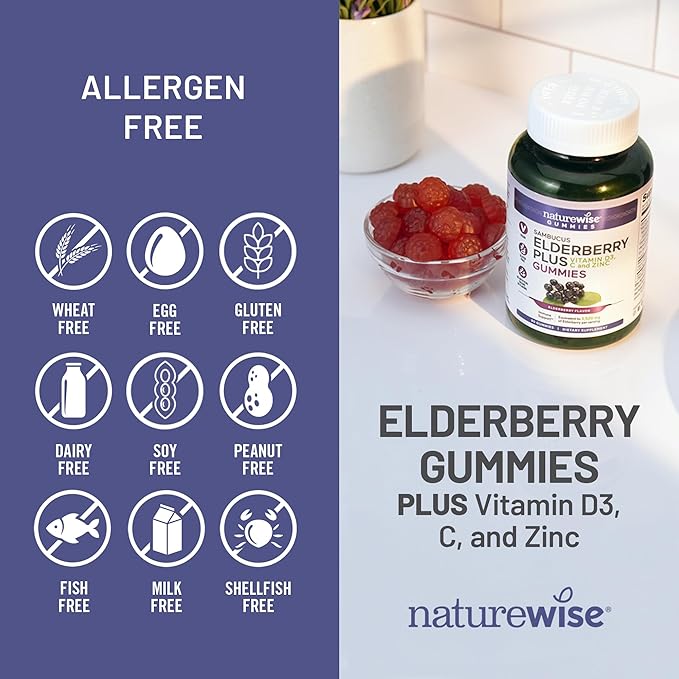 NatureWise Sambucus Elderberry Gummies - Immune Support Supplement for Kids Ages 4+ & Adults with Vitamin C, D3, Zinc - Elderberries Equivalent to 3520mg - Vegan, Non-GMO - 60 Count[30-Day Supply]