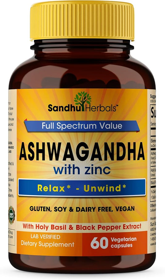 Sandhu Herbals Ashwagandha Supplement | 60 Organic 4 in 1 Capsules, 1 Month Supply | with Zinc, Black Pepper and Holy Basil Extract | Supports Immune Health | Non-GMO