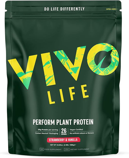 Vivo life Perform Plant Protein Powder - Strawberry & Vanilla, Vegan, 26 Servings - 2.17lb, BCAA Pea & Hemp Blend, Gluten & Soy Free