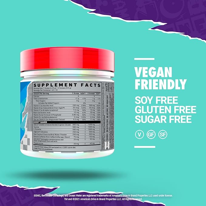 GHOST Gamer: Energy and Focus Support Formula - 40 Servings, Sonic Ocean Water - Nootropics & Natural Caffeine for Attention, Accuracy & Reaction Time - Vegan, Gluten-Free