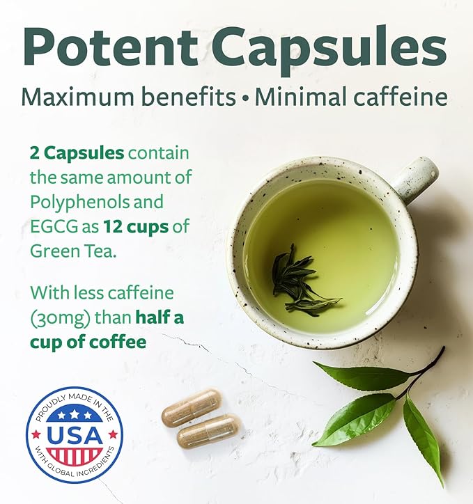 Green Tea Extract Capsules 98% with EGCG (Non-GMO) for Natural Metabolism Boost - Leaf Polyphenol Catechins - Antioxidant Supplement - Green Tea Pills - 1000mg (500mg per Capsule) - 30 Capsules