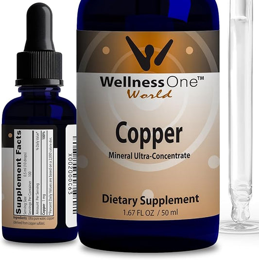 WellnessOne Liquid Copper Supplements - Bone Health & Immune Support Supplement - Copper Supplement Drops for Blood Cell Production & Collagen Formation for Kids, Men & Women - 1.67 fl oz