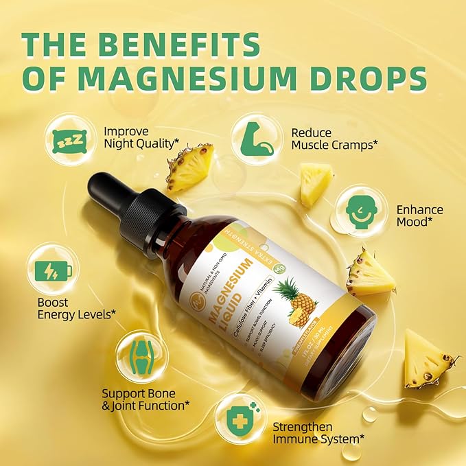 Magnesium Glycinate Liquid Drops, Magnesium Liquid Supplement with Cellulose Fiber, Bromelain, Vitamin B6, C, D, Zinc, Support Night, Muscle, Relax, Bone, Mood, Pineapple Flavor, 2 Pack