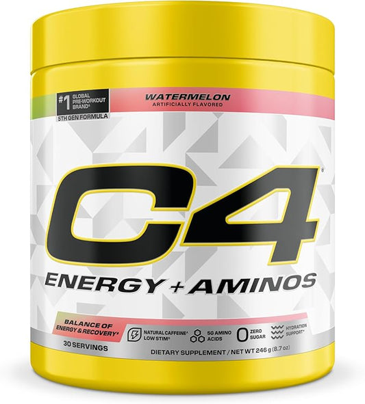 Cellucor C4 Energy + Aminos Powder | 5g BCAAs & EAAs for Muscle Recovery, 3 Electrolytes for Hydration, 100mg Natural Caffeine | Pre Workout | Zero Sugar, 30 Servings, Watermelon