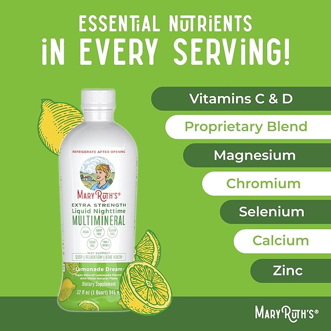 MaryRuth's Extra Strength Nighttime Liquid Multimineral | Sugar Free | Calm Magnesium Citrate | NO Melatonin | Calcium Magnesium Zinc | Muscle Relaxation | Lemonade Flavor | Vegan | 32 Servings