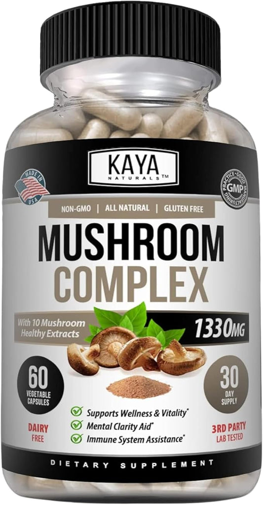 Kaya Naturals Premium Mushroom Complex Potent - Mushroom Complex Capsules 1330mg Per Serving - Aids Mental Clarity Supports Immune System, Wellness & Vitality - 60 Count