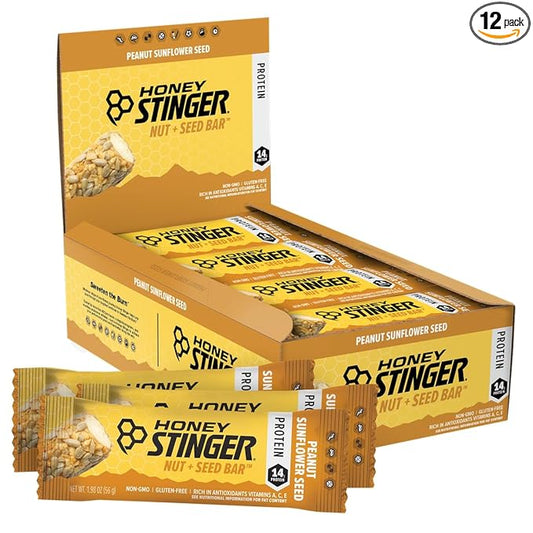 Honey Stinger Nut + Seed Bar | Peanut Sunflower Seed | Protein Packed Food for Exercise, Endurance and Performance and Recovery | Sports Nutrition Snack Bar for Home & Gym, Post Workout | Box of 12