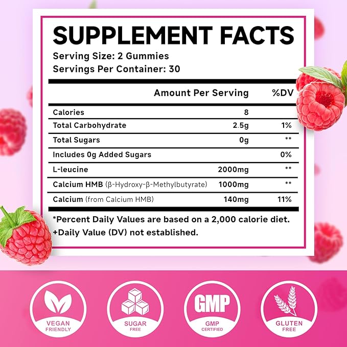 HMB and L-Leucine Gummies, 3000mg HMB and Leucine Amino Acid for Muscle Growth, Muscle Mass, Muscle Relief, and Fast Workout Recovery, for Men & Women, Sugar-Free, Raspberry Flavor, 60 Count