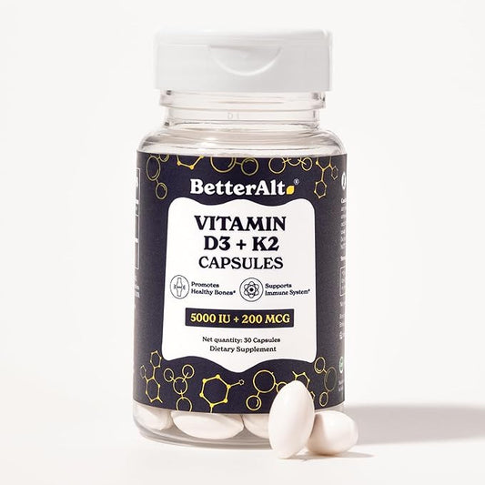 Vitamin D3 + K2 Capsules | 5000 IU Vitamin D3, 200 mcg Vitamin K2 | Helps Promote Bone Strength | 1-Month Dietary Supplement