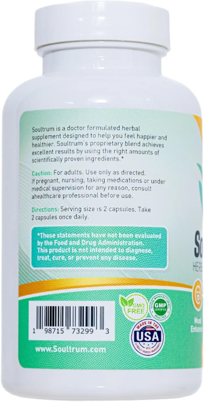 Mood Support Supplement - Daily Herbal Happiness, Energy and Focus Formula with Saffron, Omega 3 Fatty Acids, Turmeric, Rhodiola Rosea, Probiotics, L-Theanine, Magnesium and Ashwagandha - 60 Capsules