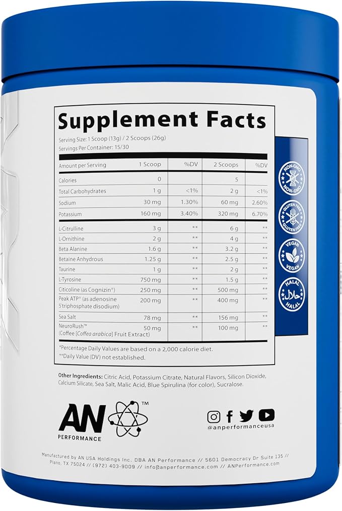 AN Performance Non-Stimulant Pre-Workout Supplement | Zero Caffeine Energy Drink Mix | Beta Alanine + Citrulline | Third-Party Tested | Informed Sport Certified | Blue Razz | 30 Servings
