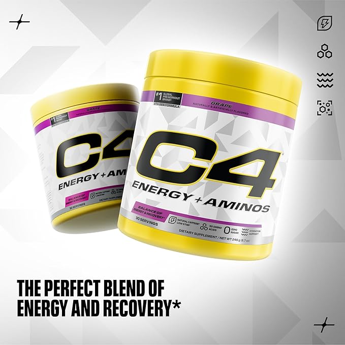 Cellucor C4 Energy + Aminos Powder | 5g BCAAs & EAAs for Muscle Recovery, 3 Electrolytes for Hydration, 100mg Natural Caffeine | Pre Workout | Zero Sugar, 30 Servings, Grape