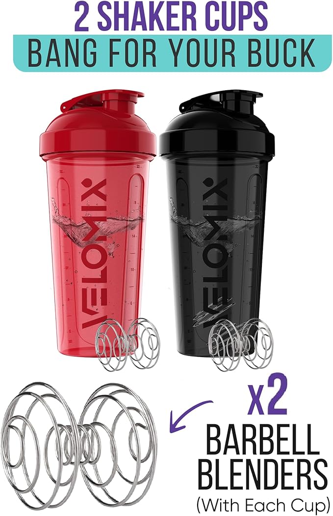 -2 Pack- 28 oz Protein Shaker Bottles for Protein Mixes - 2x Wire Whisk | Leak Proof Shaker Cups for Protein Shakes | Protein Shaker Bottle Pack | Shakers for Protein Shakes - Black&Red
