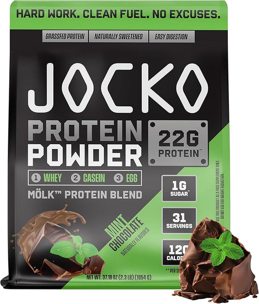 Jocko Fuel Mölk Whey Protein Powder 22g Low Sugar Monk Fruit Blend - Muscle Recovery & Growth, Packaging May Vary (31 Servings, Mint Chocolate)