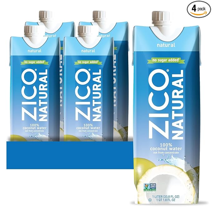 Zico 100% Coconut Water, No added Sugar, Refreshingly Delicious, Hydration with Electrolytes, 33.8 Fl Oz (Pack of 4)
