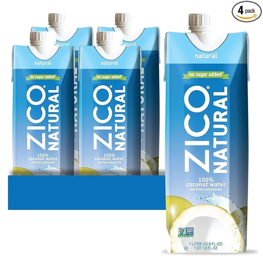 Zico 100% Coconut Water, No added Sugar, Refreshingly Delicious, Hydration with Electrolytes, 33.8 Fl Oz (Pack of 4)