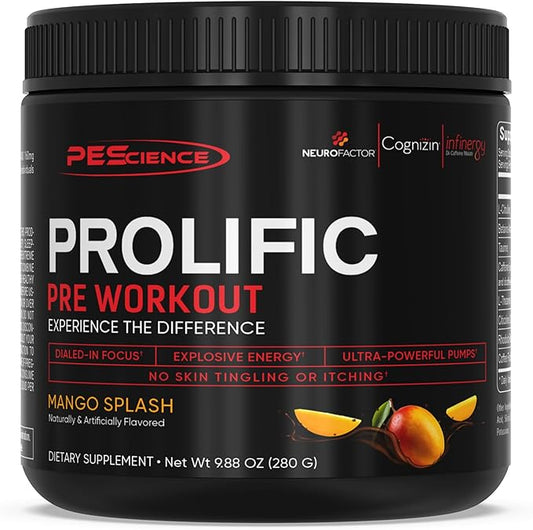 PEScience Prolific Energy Pre Workout – L Citrulline for Nitric Oxide, Rhodiola & CDP Choline Nootropic for Focus – Preworkout for Men & Women – 40 Scoops, Mango Splash