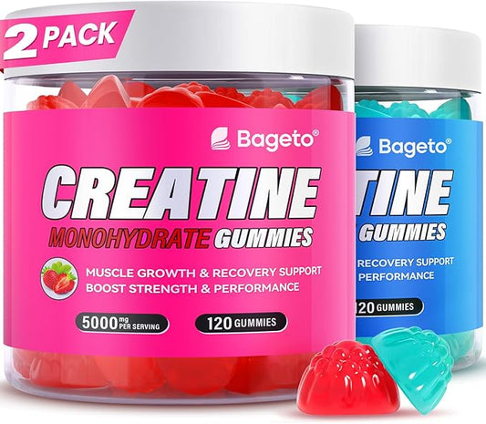 Creatine Monohydrate Gummies 5000mg for Men & Women, Gomitas de Creatina 5g Creatine Monohydrate,0g Sugar Chewables Creatine Pre-Workout for Muscle Strength, Vegan (Strawberry and Blueberry)