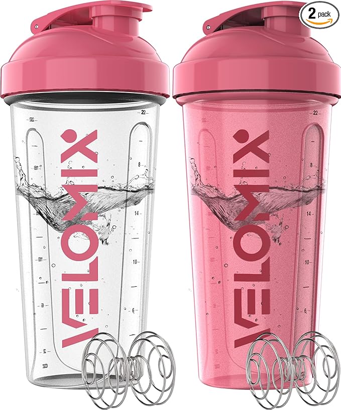 -2 Pack- 28 oz Protein Shaker Bottles for Protein Mixes - 2x Wire Whisk | Leak Proof Shaker Cups for Protein Shakes | Protein Shaker Bottle Pack | Shakers for Protein Shakes-Pink&Transparent