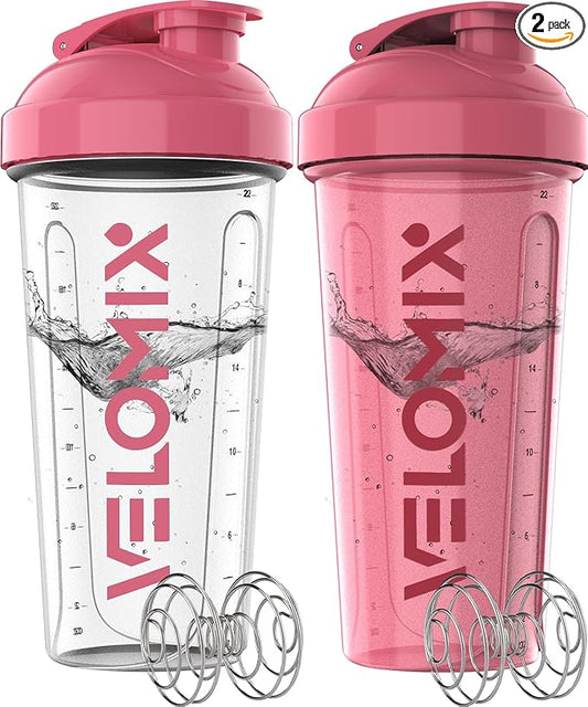 -2 Pack- 28 oz Protein Shaker Bottles for Protein Mixes - 2x Wire Whisk | Leak Proof Shaker Cups for Protein Shakes | Protein Shaker Bottle Pack | Shakers for Protein Shakes-Pink&Transparent