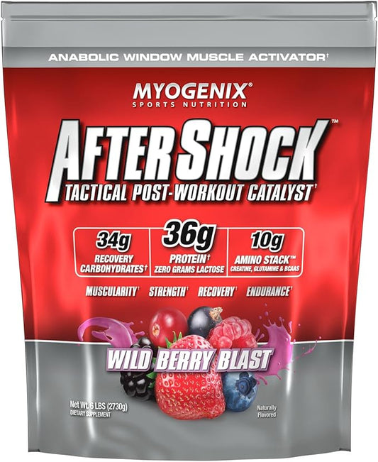Myogenix Aftershock Post Workout, Muscle Growth Whey Protein Powder | Anabolic Whey Protein and Mass Building Carbohydrates | Amino Stack Creatine and Glutamine Plus BCAAs | Wildberry Blast 6 LBS