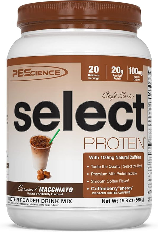 PEScience Select Cafe Protein, Caramel Macchiato, 20 Servings, Coffee Flavored Whey and Casein Blend with Caffeine