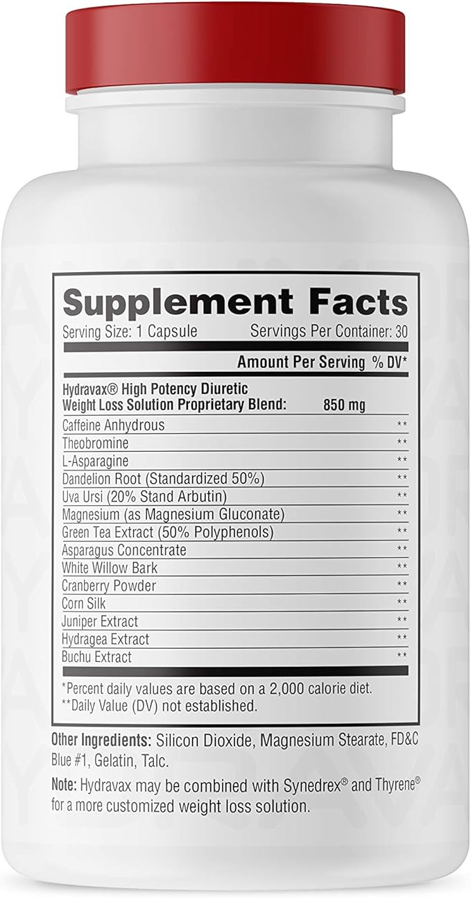 Metabolic Nutrition, Hydravax - Premium Diuretic Water Pills, Natural & Safe, Eliminates Water Retention, with Dandelion, Magnesium, Green Tea Extract, Cranberry Powder, 30 Capsules, 1 Dose Daily
