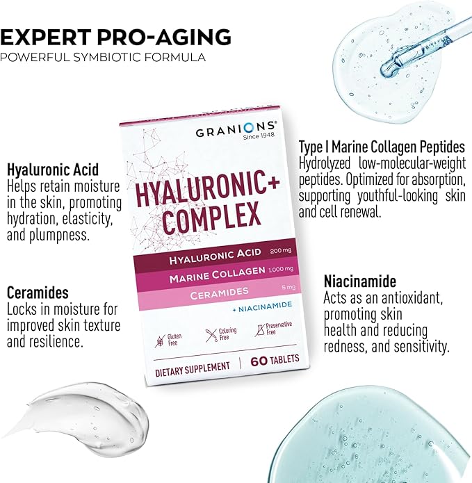Hyaluronic Acid Complex Hydrating Skin Supplement – Marine Collagen Peptides, Ceramides, Vitamin B3 Niacinamide, Hyaluronic Acid Supplements for Women and Men – 60 Foil Sealed Tablets
