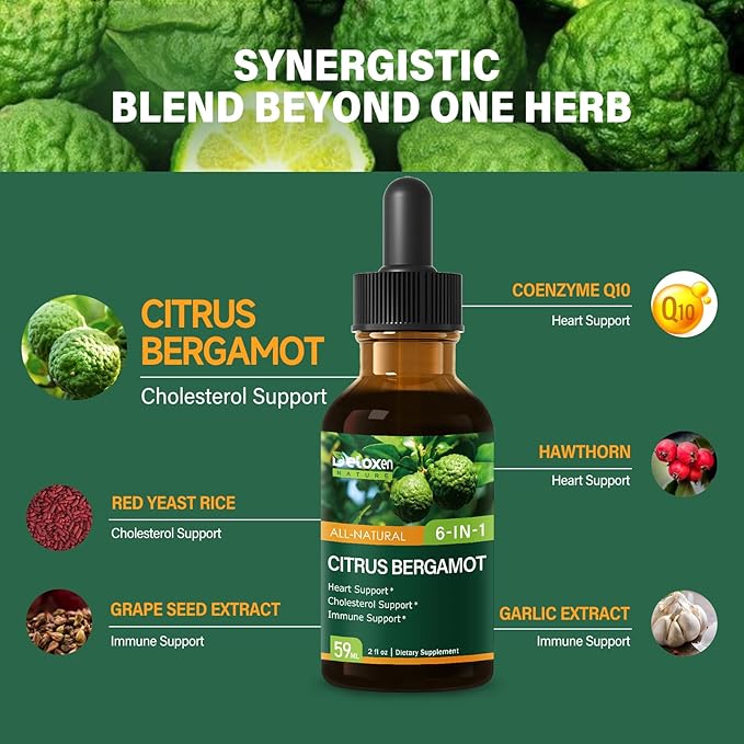Citrus Bergamot Exrtact Supplement for High Cholesterol, High and Fast Absorption, 6-in-1 Blend Herbal Drops for Heart & Immune Support w/Grape Seed, Garlic Extract. 2oz