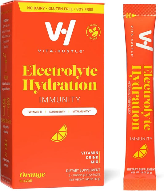 VitaHustle Electrolyte Hydration Immunity Drink Mix, Caffeine Free Stick Packs, Beta Glucan, Vitamin C, Elderberry (6 Count, Orange)