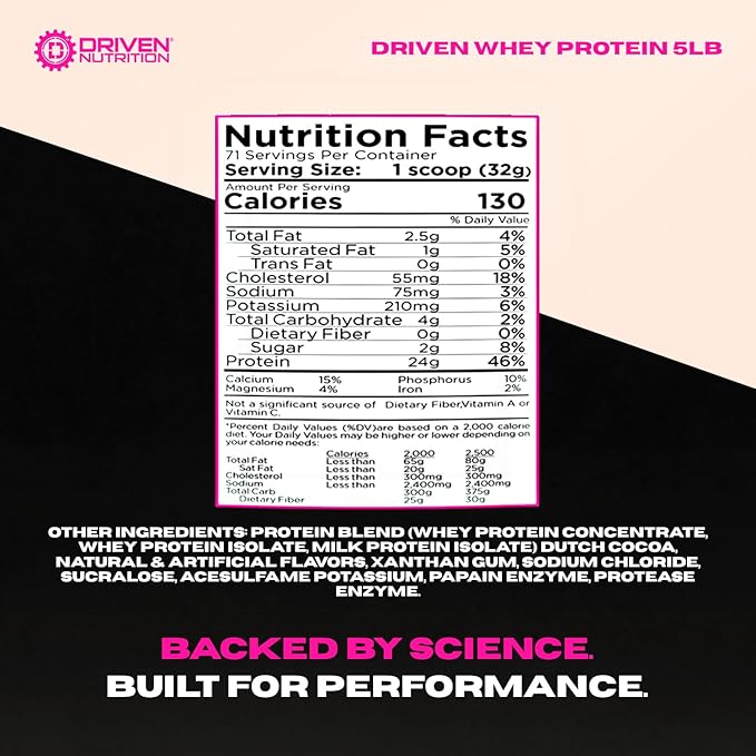 Driven WHEY- Grass Fed Whey Protein Powder: Delicious, Clean Protein Shake- Improve Muscle Recovery with 23 Grams of Protein with Added BCAA and Digestive Enzymes (5 lb, Creamy Vanilla)